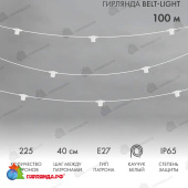 Гирлянда Белт-Лайт 2 жилы, 100м, шаг 40см, 225 патронов Е27, IP65, белый круглый провод пвх 14-2406