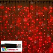 Гирлянда светодиодный занавес, 2х3м., 600 LED, красный, без мерцания, черный резиновый провод (Каучук), с защитным колпачком. 07-3906