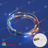 Гирлянда светодиодная «Роса» с пробкой на батарейках 3*LR44(в/к), 2м. 20 LED. Разноцветный свет. Провод медный. 10-3831