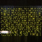 Гирлянда светодиодный занавес, 2х1,5м., 300 LED, облегченный, желтый, без мерцания, белый ПВХ провод с защитным колпачком. 07-3286