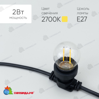 Лампа Филаментная Шар Ø45 мм 24В, Цоколь E27, 2 Вт, Тепло-белая, 2700К 04-5349