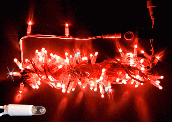 Гирлянда Нить, 10м., 100 LED, Красный, с мерцанием, белый провод (пвх), с защитным колпачком. 07-3786