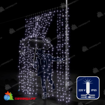 Гирлянда светодиодный занавес 2х4 м., 800 LED, Холодный Белый, с мерцанием, прозрачный ПВХ провод, с защитным колпачком. 07-5738
