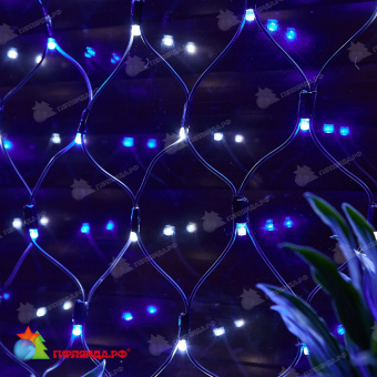 Светодиодная сетка 2х1.5 м., 288 LED, бело-синий, без мерцания, черный резиновый провод (Каучук), с защитным колпачком. 10-3709.