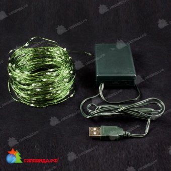 Светодиодная гирлянда "Роса", 15 м., 100 LED, на батарейках, теплый белый, зеленый провод. 03-3829