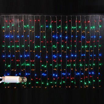 Гирлянда светодиодный занавес, 2х1,5м., 300 LED, облегченный, мульти, без мерцания, белый ПВХ провод с защитным колпачком. 07-3288