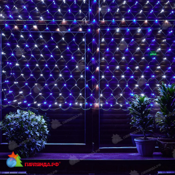 Светодиодная сетка 2х1.5 м., 288 LED, бело-синий, без мерцания, черный резиновый провод (Каучук), с защитным колпачком. 10-3709.