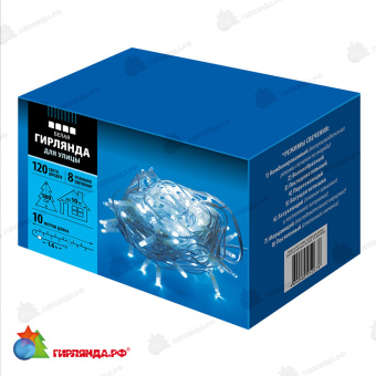Гирлянда Нить 10 м., 120 LED, холодный белый, с контроллером, белый резиновый провод (Каучук), с защитным колпачком. 10-3732.