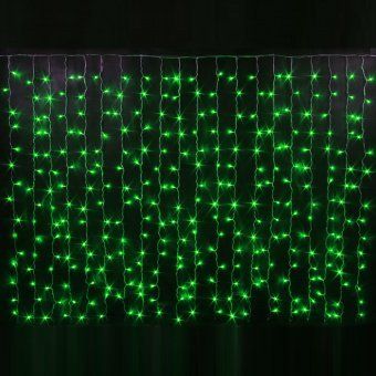 Гирлянда светодиодный занавес, 2х1,5м., 300 LED, облегченный, зеленый, без мерцания, прозрачный ПВХ провод. 07-3273
