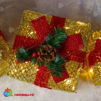 Светодиодная фигура текстиль "Подарки золотые с красной лентой" 15х20х25 см, 60 LED, теплый белый. 12-1533