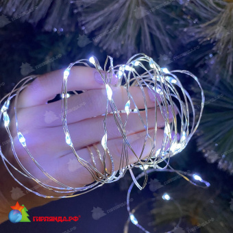 Гирлянда светодиодная на батарейках, «Роса», 10м. 100 LED. Белый свет. Провод медный. 10-3840