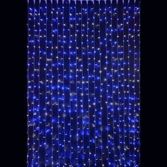 Гирлянда светодиодный занавес, 2х3м., 600 LED, синий+белый, без мерцания, прозрачный ПВХ провод. 07-3323