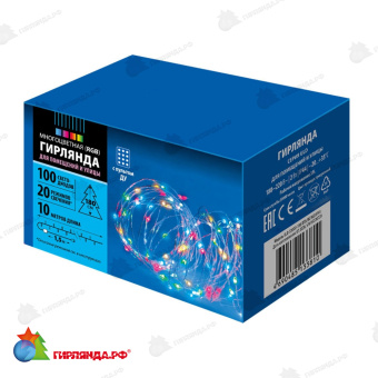 Гирлянда светодиодная, 10м. 100 LED. RGB свет. Пульт ДУ (в/к). Провод прозрачный. 10-3619