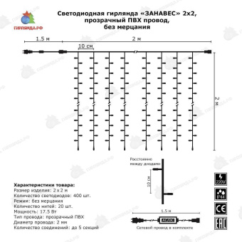 Гирлянда светодиодный занавес, 2х2м., 400 LED, ЛАЙТ, холодный белый, без мерцания, прозрачный ПВХ провод (Без колпачка). 05-556