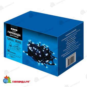 Гирлянда Нить 10 м., 120 LED, холодный белый, с контроллером, черный резиновый провод (Каучук), с защитным колпачком. 10-3728.