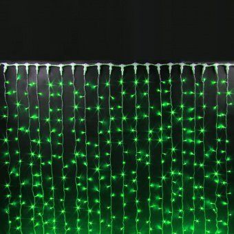 Гирлянда светодиодный занавес, 2х6м., 1000 LED, зеленый, без мерцания, белый ПВХ провод с защитным колпачком. 07-3351