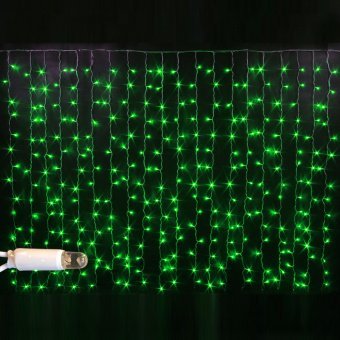 Гирлянда светодиодный занавес, 2х1,5м., 300 LED, облегченный, зеленый, без мерцания, белый ПВХ провод с защитным колпачком. 07-3289
