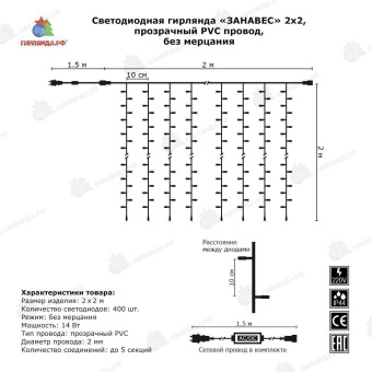 Гирлянда светодиодный занавес 2x2 м., 400 LED, (облегченный, без Т-коннектора), холодный белый, без мерцания, прозрачный ПВХ провод (Без колпачка). 04-3324