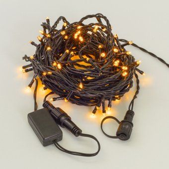 Гирлянда Нить, 10м., 100 LED, желтый, с мерцанием, черный ПВХ провод (Без колпачка). 05-598