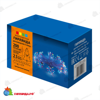 Светодиодная гирлянда "Звезда" 2,5 м., 200 LED, мульти, без мерцания, прозрачный провод. 10-3792