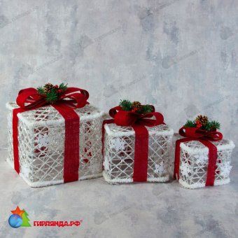 Светодиодная фигура текстиль "Подарки белые с красной лентой" 15х20х25 см, холодный белый. 12-1516