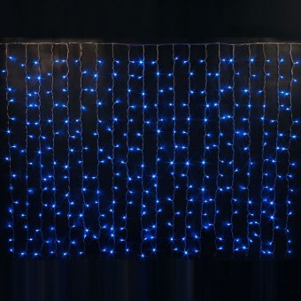 Гирлянда светодиодный занавес, 2х1,5м., 300 LED, облегченный, синий, без мерцания, прозрачный ПВХ провод. 07-3271