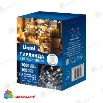 Гирлянда светодиодная "Роса", 100м. 1000 LED. Белый свет. Пульт ДУ (в/к). Провод прозрачный. 10-3626