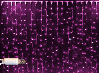 Гирлянда светодиодный занавес, 2х3м., 600 LED, розовый, с мерцанием, прозрачный ПВХ провод. 07-3338