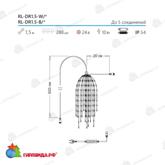 Светодиодные Дреды 1.5 м. 288 LED, холодный белый, без мерцания, черные ветки. 07-3217