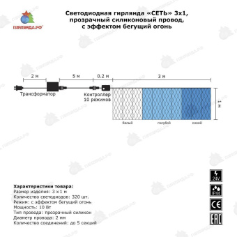 Светодиодная сетка 3x1 м., 320 LED, синий, с эффектом бегущий огонь, контроллер, прозрачный провод, 24В. 04-3260