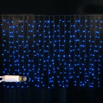 Гирлянда светодиодный занавес, 2х1,5м., 300 LED, облегченный, синий, без мерцания, белый ПВХ провод с защитным колпачком. 07-3287