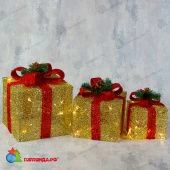 Светодиодная фигура текстиль "Подарки золотые с красной лентой" 15х20х25 см, 60 LED, теплый белый. 12-1533